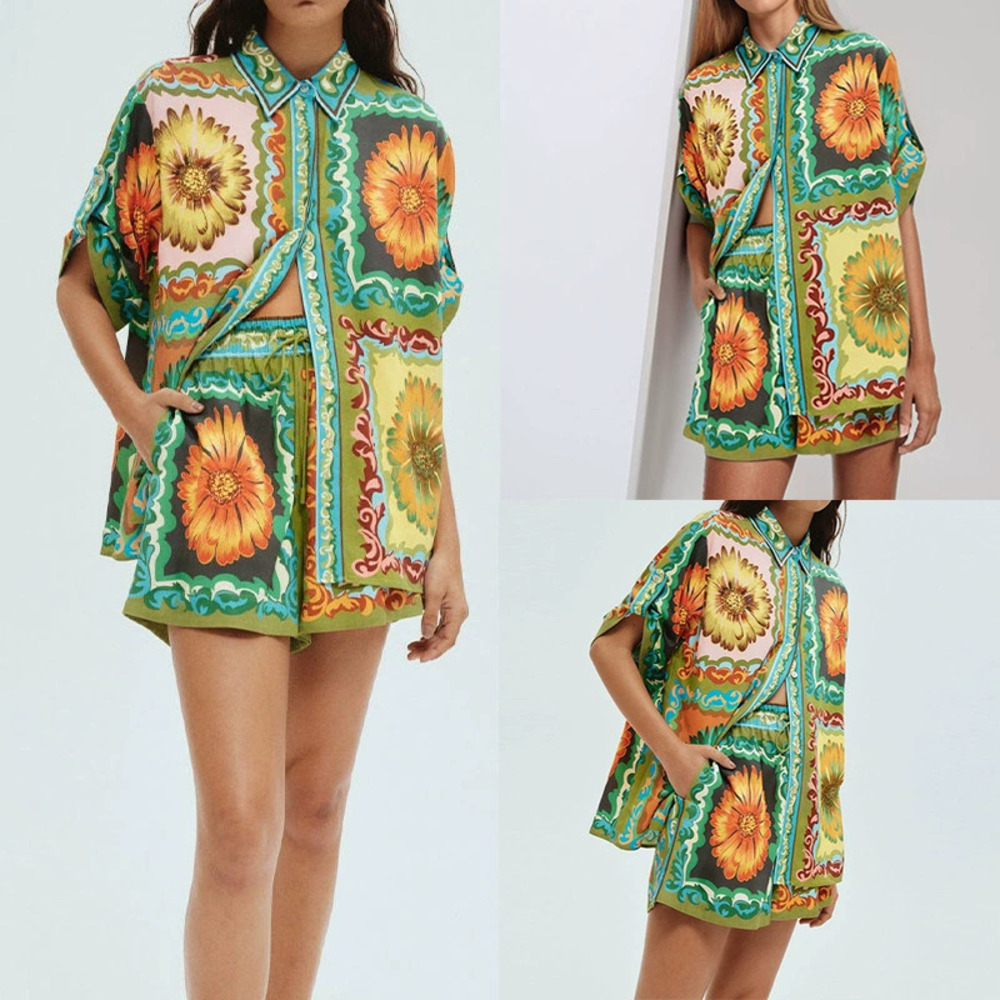 H&M Summer 2 Piece Set Fashion Print Loose Short Sleeve Shirt Shorts